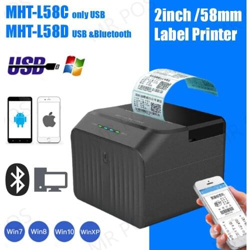 58mm Wired Thermal Label Printer 2 inch Bluetooth Desk Barcode Printer Lable Maker Support ESC/POS Command Free 2 Rolls Paper