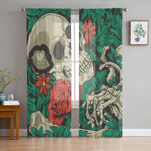 Green Leaf Rose Flower Skull Sheer Curtains for Living Room Bedroom Kitchen Tulle for Windows Voile Drapes Home Decoration