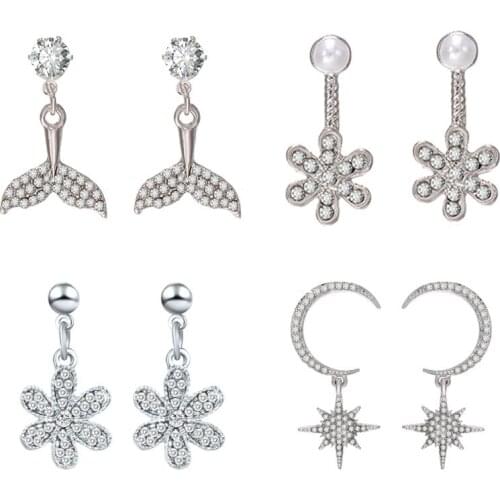Fashion New Jewelry Lady Pearl Five-leaf Flower Ear Studs Pentagram Star Moon Earring Friends Gift