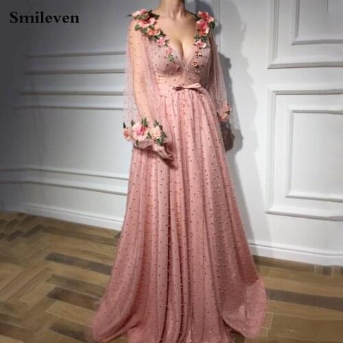 Smileven A Line Pink Evening Dresses Puff Sleeve Elegant Perls Prom Party Gowns With 3D Flowers Robe De Soire V Neck Prom Dress