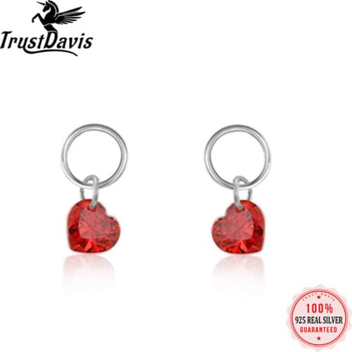 ElfoPlataSi Real 925 Sterling Silver Fashion Romantic Red CZ Heart Stud Earring For Women Wedding Valentines Day Jewelry DD335
