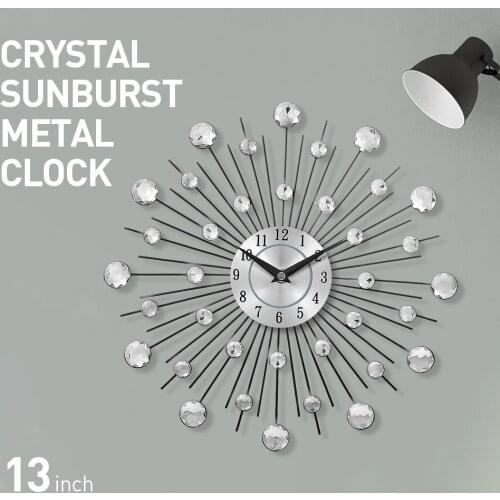 33cm Vintage Metal Crystal Sunburst Wall Clock Luxury Diamond Large Morden Wall Clock Da Parete Clock Design Home Decor