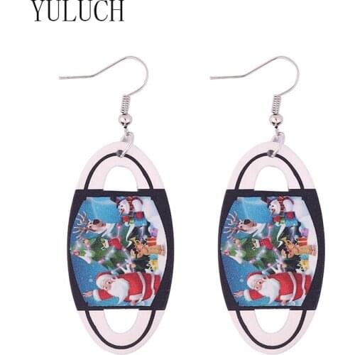 YULUCH Woman natural wood exaggerated shape double-sided printing Christmas earrings girl holiday main picture pendant jewelry