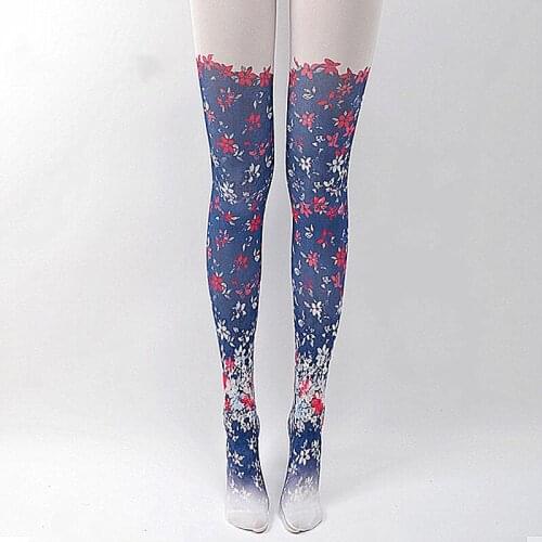 RUIN Womens Tights Womens Pantyhose Dark Blue Flowers Printed Tights Girls Tights