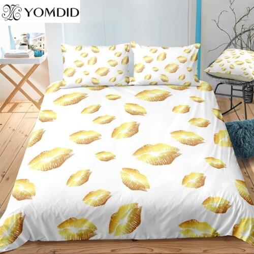 2/3PCs Printed Bedding Sets Gold Lips Duvet Cover Set For Home Decoration Polyester White Background Quilt Cover Pillowcase