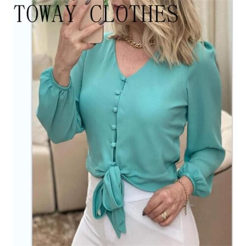 V-Neck Long Sleeve Puff Lantern Sleeve Tie Front Button Design Top Chic Shirt Blouse For Women