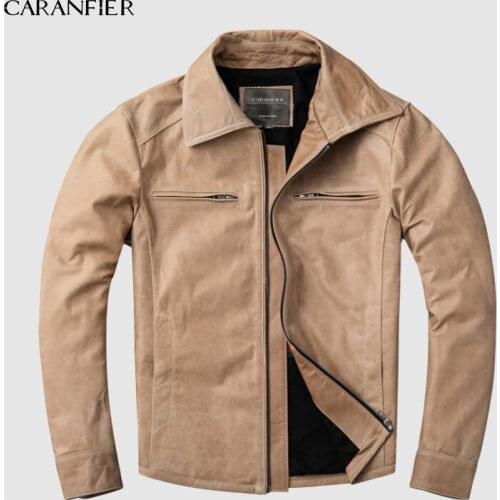 CARANFIER Pakistan Oil Wax Uncoated Men Genuin Sheepskin Leather Leather Mens Lapel Slim Swallowtail Motorcycle Leather Jacket
