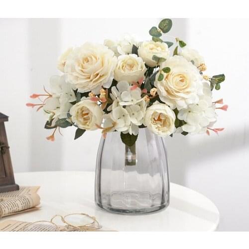 Artificial Flowers Retro Silk Rose Bouquet Hydrangea Peony Vintage Bride Holding Fake Flower Home Wedding Decoration Accessories