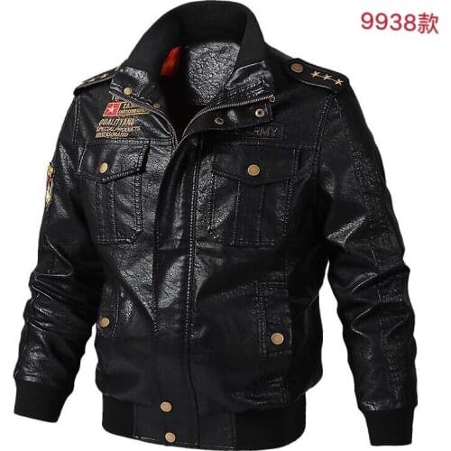 Leather mens military uniform flying leather jacket autumn and winter coat slim collar plus velvet PU motorcycle suit plus size