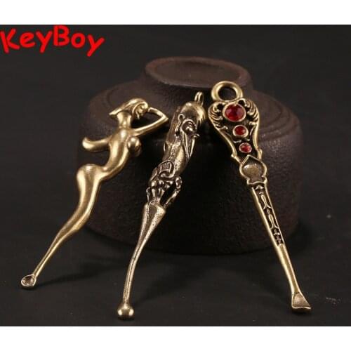 Creative Design 6 Styles Copper Mutilfunctional Ear Pick Spoon Keyring Pendants Vintage Brass Naked Women Fish Keychains Jewelry