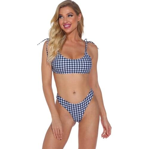 Sexy Plaids Bandeau Push Up Brazilian Bikini Set Spaghetti Swimwear Women Checked Print Triangle Swimsuit Knotted Bathing Suit