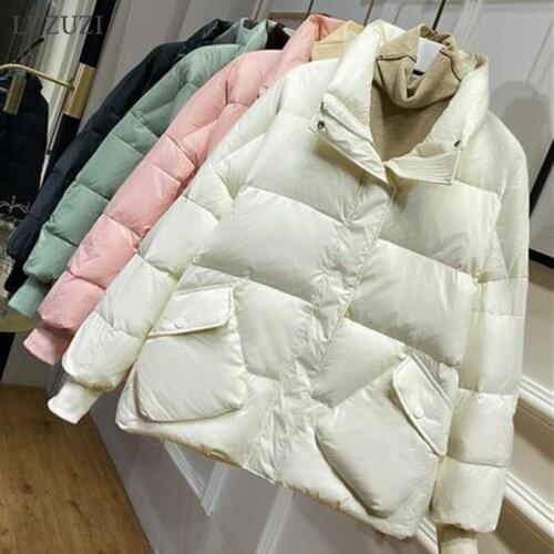 LUZUZI 2021 Autumn Winter Short Women 90% White Duck Down Jacket Casual Female Stand Collar Pocket Warm Puffer Coat Snow Parkas