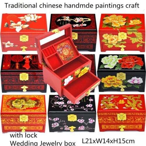 Lacquerware Chinese Wooden Box with lock Decoration Storage 3 layer Wedding Jewelry box drawer pull Makeup Watch Case Gift