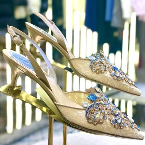 Summer rhinestone lace fine high-heeled pointed mesh bridal wedding shoes all-match banquet dress low-heeled women sandals