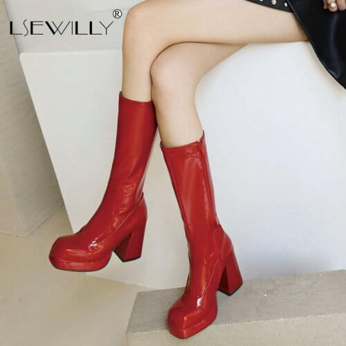 Lsewilly Fashion Knee High Boots Patent Leather Platform Waterproof Long Boots Red Party Fetish Boots Women Shoes Autumn Winter