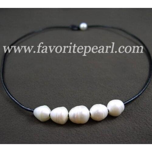 Favorite Pearl Necklace 9-10mm 18 inches White Color Natural Freshwater Pearl Black Leather Necklace Charming Women Party Gift