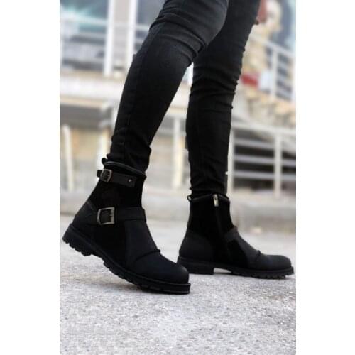 Black Belt Detail Genuine Leather Men Boots