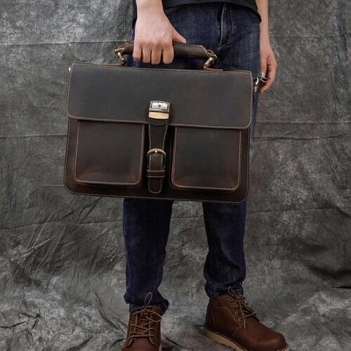 Mens Genuine Leather briefcase 15 inch Vintage Business bag Cowhide Laptop Handbag Work PC messenger bag Durable buckle flap