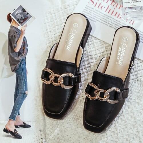Black Flat Mules Women Shoes PU Leather Slip on Flats Shoes for Women Square Toe Slippers Ladies Flip Flops Spring Slides 34-41