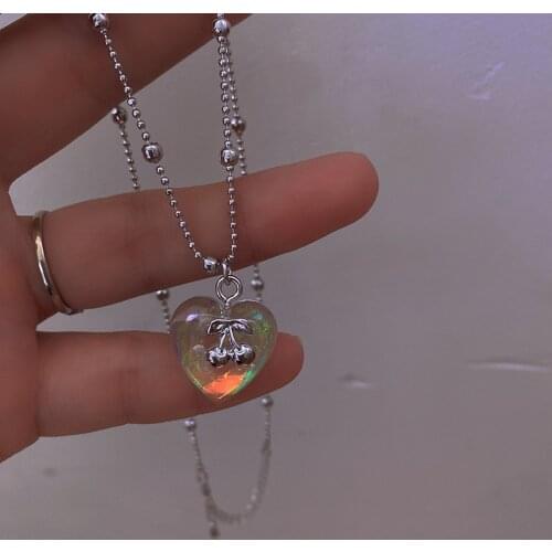 2021 New Korea Fashion Resin Color Laser Heart Necklace Pendant Y2K Aesthetic Heart-shaped Necklace for Woman Jewelry Wholesale