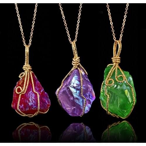 New Unique Colorful Big Rough Stone Pendant Necklace For Women Men Chain Wrapped Irregular Natural Stone Necklace Jewelry Gift