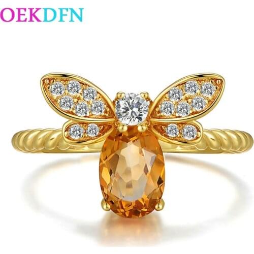 OEKDFN Luxury 100% 925 Sterling Silver Rings 1 CT Natural Citrine Gemstone Yellow Gold Bee Ring Jewelry Wholesale Drop Shipping