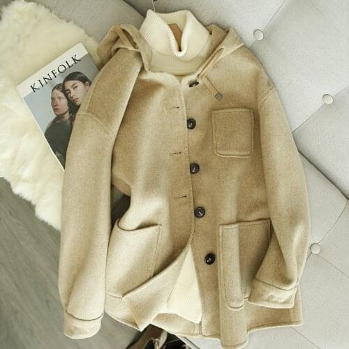 Elegant Khaki double-sided 81-90%wool hooded coat for women 2021 autumn winter hand-sewn double-sided cashmere coat womens new