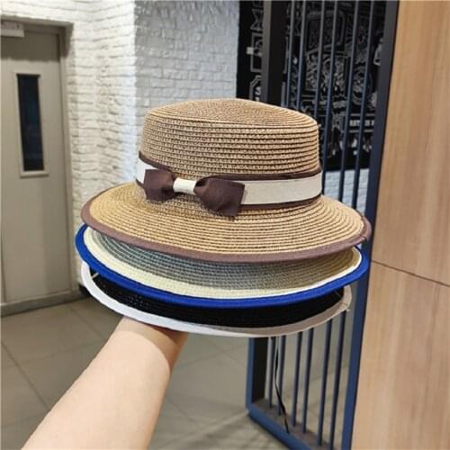Panama Hat Bowler Summer Beach Hat Female Casual Lady Women Flat Brim Bowknot Straw Cap Girls Sun Hat Chapeu Feminino 2021