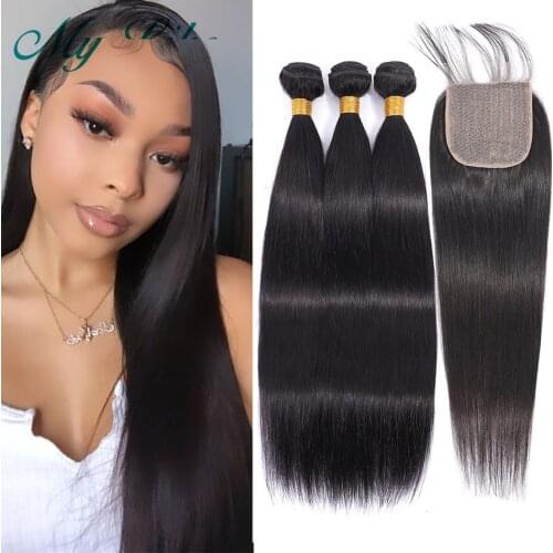 My Like Brazilian Straight Human Hair Bundles with Fake Scalp Lace Closure 8A Brazilian Hair Weave 3 Bundles with 4x4 Closure