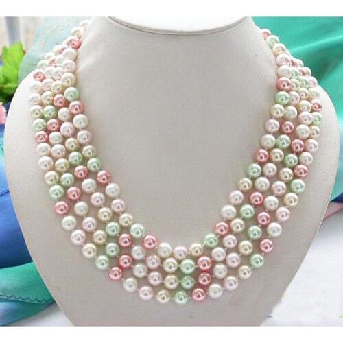 Unique Pearls jewellery Store Long 80'' 8mm Round White Pink Green South Sea Shell Pearl Necklace Charming Women Gift