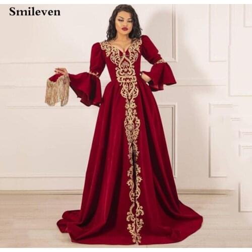 Smileven Red V Neck A Line Caftan Evening Dresses Flare Sleeve Gold Lace Prom Dress Front Split Formal Party Dress