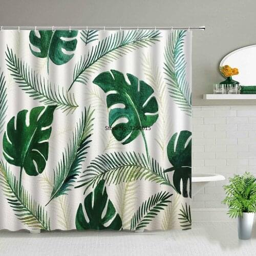 White Fabric Farmhouse Flower Shower Curtains Green Tropical Leaf Bird Rose Floral Plant Scenery Bathroom Curtain Set With Hooks