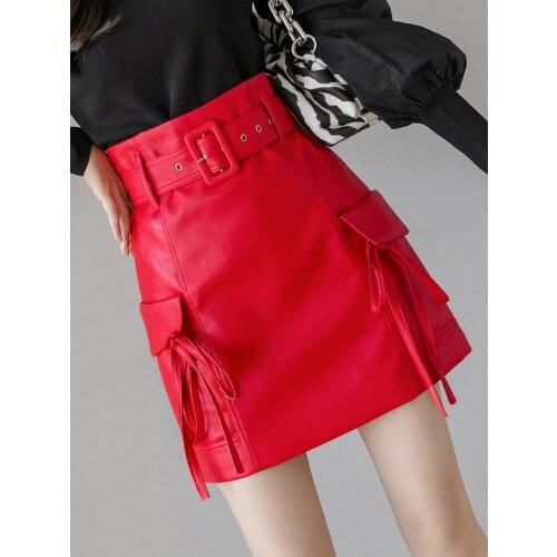 2021 PU skirt spring new year new female high waist tooling skirt design sense A-line package hip skirt DQ1303