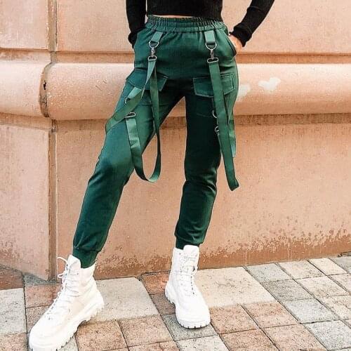 Women Streetwear Trousers Cargo Pants Casual Joggers Black High Waist Loose Female Trousers Harajuku Ribbon Ladies Pants Capri