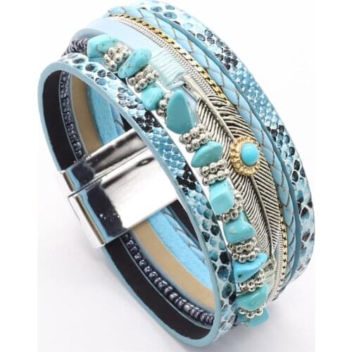 Feather Blue Leopard Multilayer Gorgeous Trendy Wide Magnet Leather Bracelets Women Fashion Bangle Female Wedding Jewelry