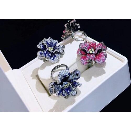 Cocktail ring 925 sterling silver with cubic zircon flower ring adjustable size fine women jewelry for party wedding