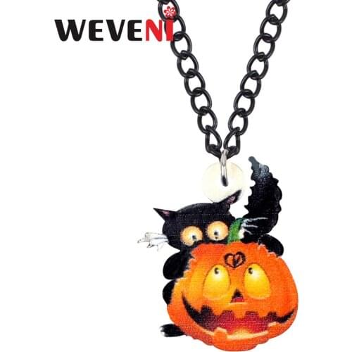 WEVENI Acrylic Hallowen Black Cat Demon Pumpkin Necklace Pendant Chain Festival Decorations Jewelry Hot Gift For Teen Girls Lady