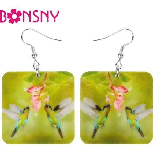 Bonsny Acrylic Square Green Hummingbird Earrings Flower Big Bird Animal Dangle Drop Jewelry For Women Girls Fashion Spring Gift