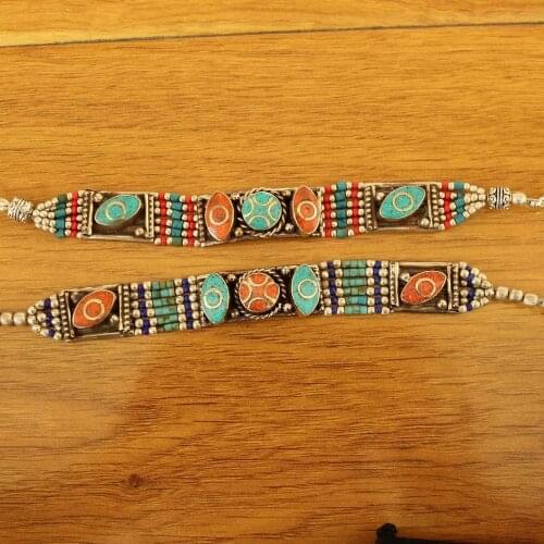 BR473 Handmade Nepal Copper Inlaid Colorful Stone Clasp Bracelet Ethnic Tibetan 15mm Wide Vintage Women Charm Bracelets