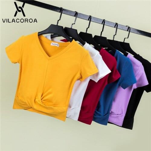 Summer Casual Wild Basic T-Shirts Womens Clothes Simple Cotton Hem Cross Skinny Short T-Tops Femme V-Neck Bottom White Crop Top