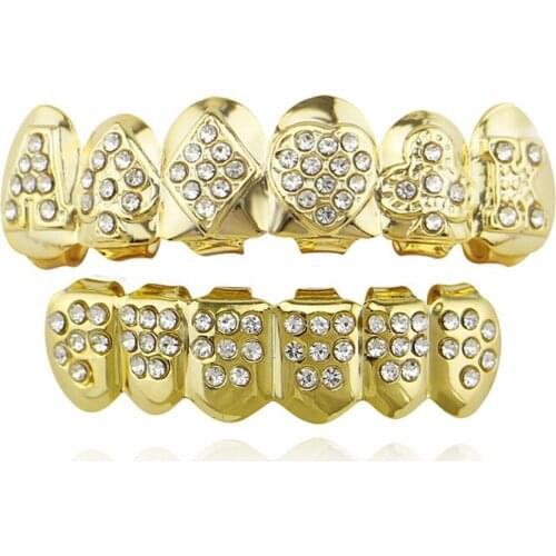 Punk Poker Heart Shape CZ Crystal Rhinestone Gold Grillz Teeth Grills Caps Set for Men Women Dental Tooth Caps Body Jewelry Gift