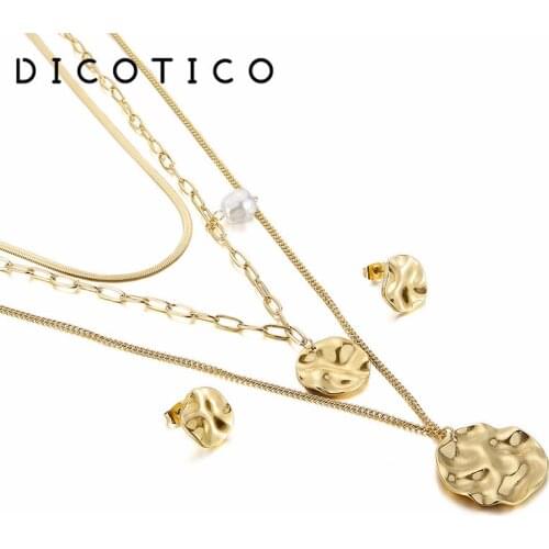 3 Layers Chain Jewelry Sets For Women Imitation Pearl Beads Stainless Steel Necklaces Earrings Sets Femme Choker Accessory 2021