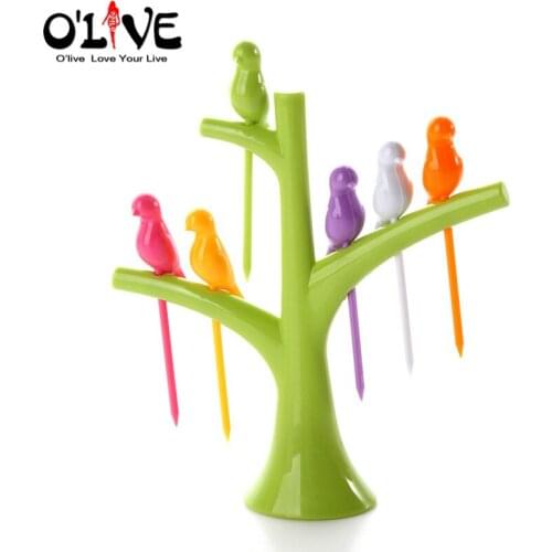 Creative Trees Brackets Bird Fruit Forks 6 Pcs Snack Dessert Fork Cutlery Plastic Decorative Fruit Seal Food Picks Dinner