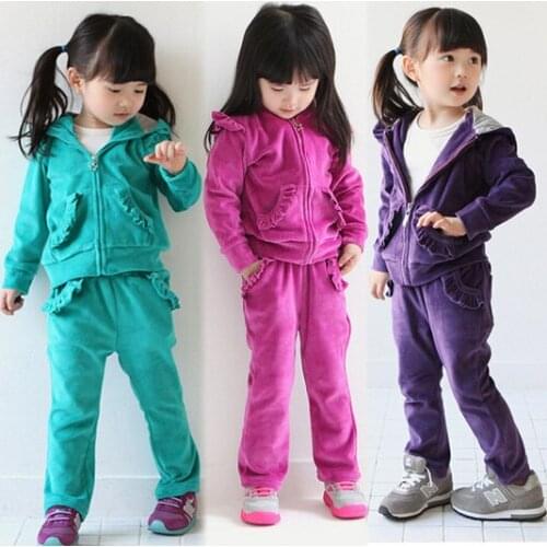 2020 Fall New Girls Velvet Sweater Suit Little Kids Cute Ruffles Jacket + Long Pants 2 Pcs Childrens Spring Clothing Set X298