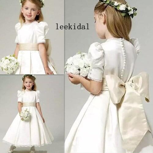 Vintage Satin Ivory Flower Girl Dress For Bubble Short Sleeves Little Girls Wedding Party Dress First Communion Birthday Gown