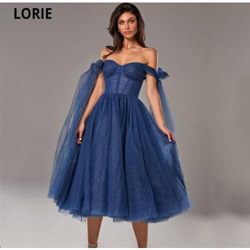 LORIE Navy Blue Prom Dresses Glitter Off the Shoulder Shiny Tea Length Arabic Evening Gown Corset Party Dress for Graduation