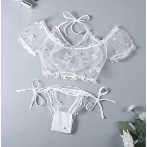 Pleated Mesh Lingerie Set Women Sweet Cute Babydoll Sleepwear Ladies Crop Tops+Briefs Underwear Ensemble String Soutien Gorge