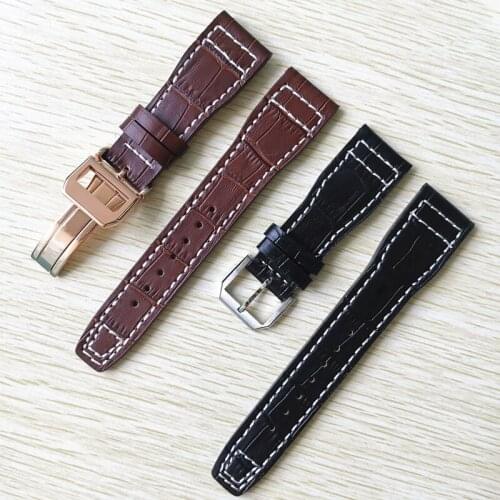 22mm Brown Black With White stitches Genuine leather Watchband Replace For IWC Big Pilot Deployant Clasp Watch Strap Bracelet