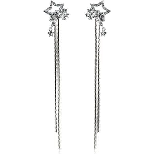 Luxury Shiny Cubic Zirconia Star 925 Sterling Silver Ladies`long Tassel Stud Earrings Jewelry For Women Anti Allergy Wholesale