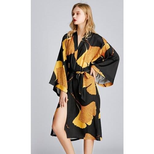 Spring and Summer Chic womens dress Black floral print pajamas rayon robe kimono Ladies V neck bathrobes for women